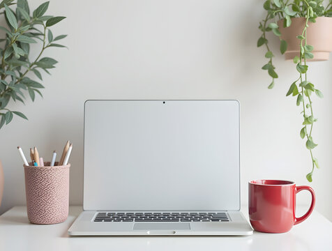A tidy home office desk features a silver laptop with a blank screen, a vibrant red mug, and a pencil holder, flanked by green plants, offering a clean, inviting workspace - Powered by Adobe