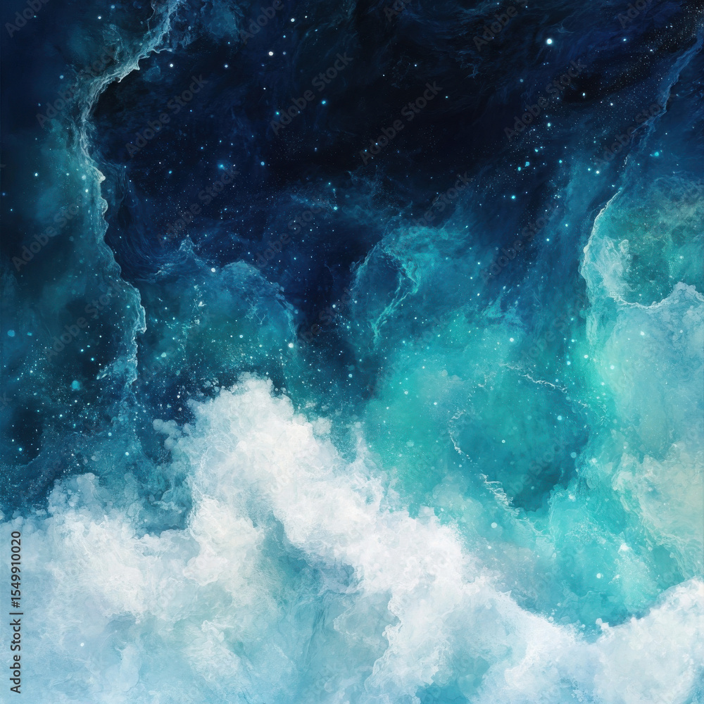 Poster abstract cosmic space with dark blue and turquoise nebula. evolving universe texture for futuristic 