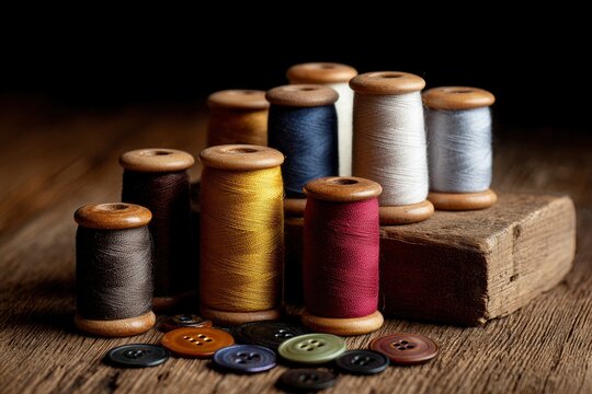 Wooden spools with colorful threads and buttons on a textured wooden surface against a dark background
