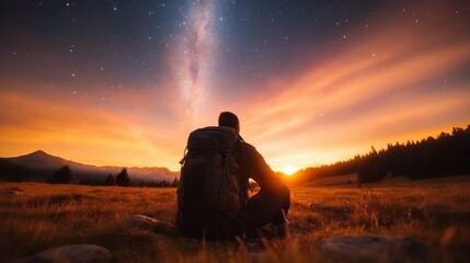 A serene silhouette of a backpacker sitting on a hilltop at sunset, representing adventure, tranquility, and the beauty of nature as a starry sky unfolds.
