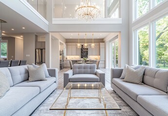 Open-concept, modern living room with kitchen view and high ceilings