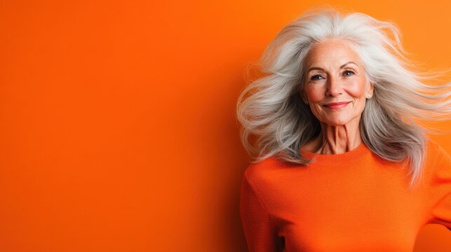 An elegant senior woman with flowing silver hair poses gracefully against a vibrant orange backdrop, exuding confidence, beauty, and the wisdom of age.