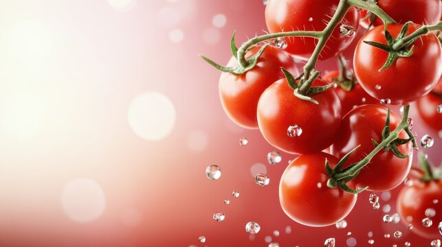 An eye-catching close-up shot of fresh, ripe tomatoes with water droplets, showcasing their vibrant color and freshness, perfect for promoting healthy eating and natural produce.