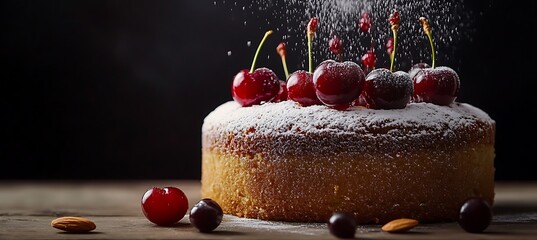 A gourmet cherry almond cake with a dusting of powdered sugar