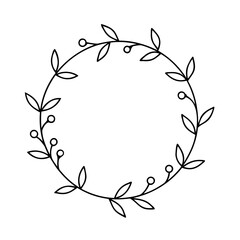 Black Line Art Circular Floral Wreath Frame Leaves Berries