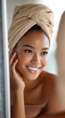 Young woman with towel wrapped on head smiling happily with glowing skin in bathroom mirror