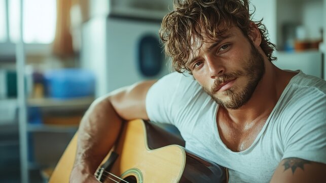 A muscular man strums an acoustic guitar in a relaxed home environment, evoking themes of passion and creativity, highlighting the joy of music and personal expression.
