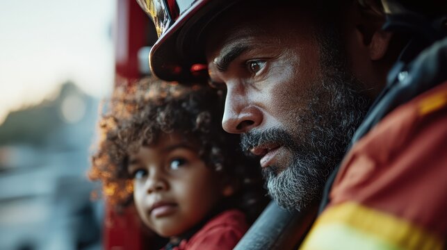 A firefighter, clad in protective gear, shares a powerful moment with a child, reflecting themes of safety, bravery, and the deep bond between protector and loved one in crisis.