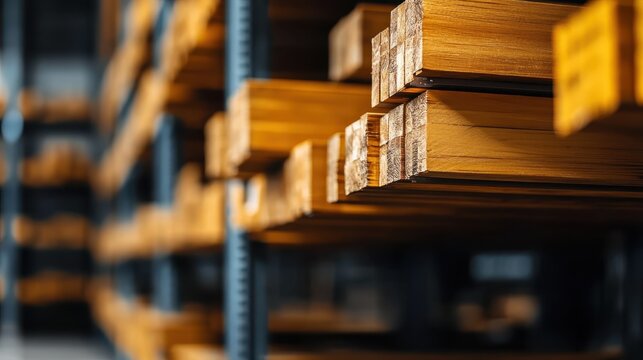 A close-up of neatly stacked wooden beams on shelves, capturing the beauty and richness of natural wood textures in a modern storage space.