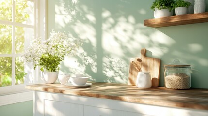 A sunlit kitchen countertop adorned with greenery and fresh ingredients offers a welcoming and functional space for culinary creation and enjoyment.