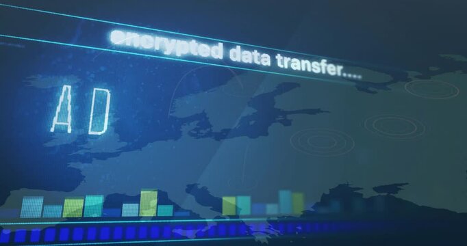 Europe map fading in with bars growing as ADMINISTRATOR text flickering showing encrypted transfer