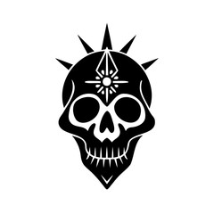 Black Skull with Spiked Crown and Geometric Sun Symbol