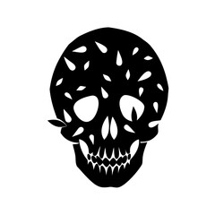Black Skull Silhouette with White Leaf Pattern leaves