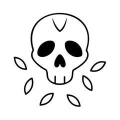 Black Line Art Skull with Surrounding Leaves white