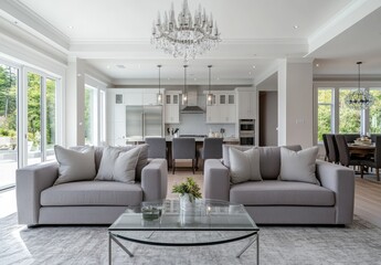 Open-concept, modern home living area with kitchen view
