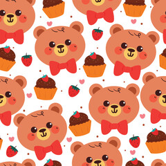 cute hand drawing cartoon bear strawberry cupcake seamless pattern. cute animal pattern in white background for gift warp paper and wallpaper