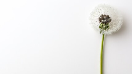 The serene and unadulterated essence of a white dandelion on a white background makes it an ideal representation for a botanical condolence, grieving card, loss, funerals, and support