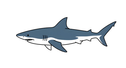Fototapeta premium Cartoon illustration of a shark swimming, depicted in a simple, flat style with blue and white coloring.