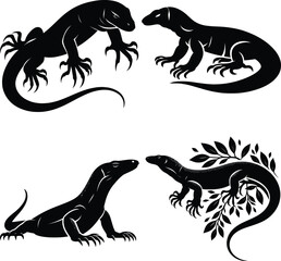 Naklejka premium Monitor Lizard Silhouette Set | Komodo Dragon Vector Art | Reptile Graphic