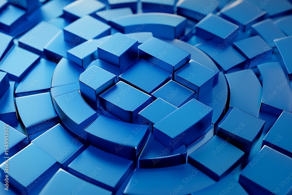 Poster abstract blue cube arrangement with circle design, modern tech background art