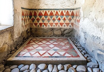 In the interior of an ancient Roman house, one wall is decorated with geometric patterns in red