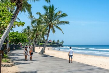 Busy beach promenade with palm trees and visitors enjoying the sunny day along the coast
