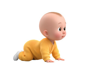 A charming 3D cartoon baby crawls with curiosity, wearing a yellow onesie on a black backdrop.