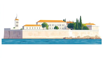 Fototapeta premium European city buildings by the water, with a wall and trees.