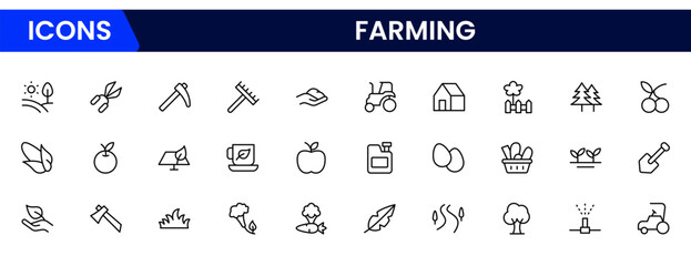 Productive vector web line icons depicting farming, agriculture, crops, livestock, tractors, and sustainable practices for modern farm operations.