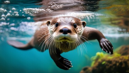 cute otter swimming underwater close up