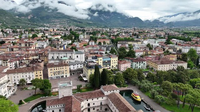 Riva del Garda, Italy - May 8, 2025 - aerial view of the town during sunny springtime