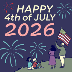 Obraz premium People watching a colorful fireworks show at night with sparkling “Happy 4th of July 2026” text overlay.