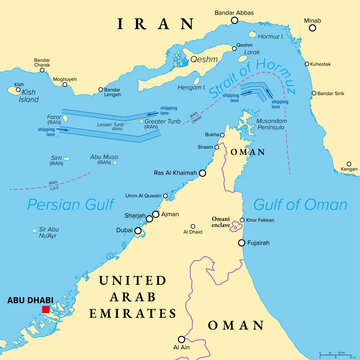 Strait of Hormuz, political map. Provides the only sea passage from Persian Gulf to the open ocean. One of the most strategically important choke points of the world for trading oil and natural gas.
