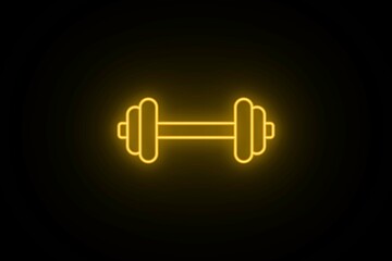 Neon Bright yellow color Dumbbell Icon on Black Background. Neon Glowing Gym Dumbbell icon. Light Heavy Dumbbell Sign.