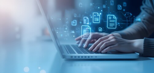 Hands Typing On Laptop Keyboard, Digital Document Icons. Modern Technology Productivity, File Management Solution. Data Entry Work, Efficient Workflow, Project. Digital Workspace Focus