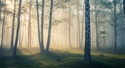 Obraz premium Enchanted Forest with Sunbeams Through the Mist