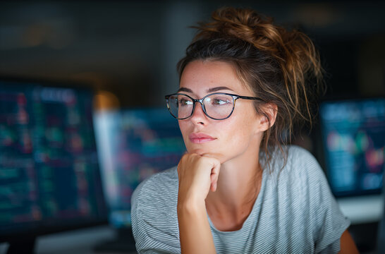 Female analyst reviewing financial data on monitors