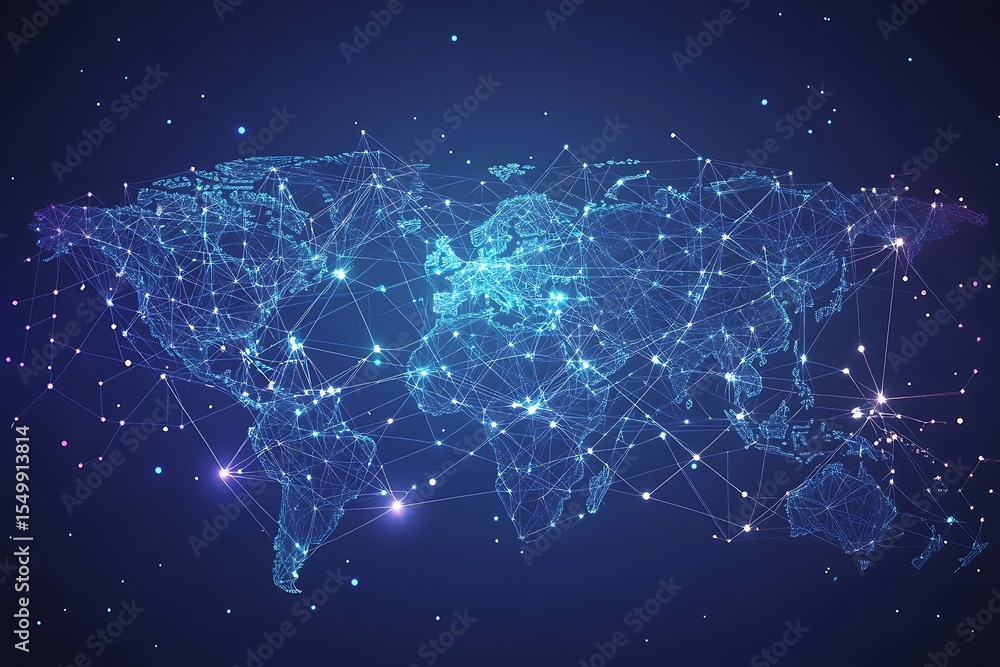 Aufkleber Blue World Map Network Connectivity Nodes and Lines on Dark Background