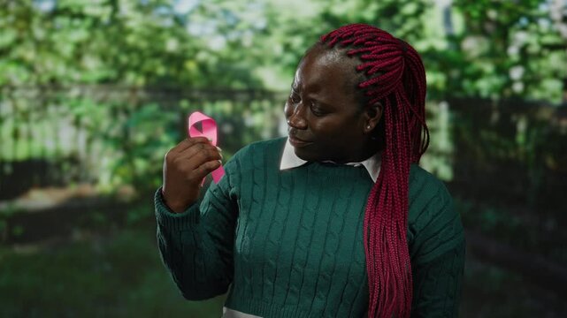 Woman holding pink ribbon in outdoor park, symbolizing breast cancer awareness with an afro-american heritage focus, set against natural greenery, capturing a moment of support. - Powered by Adobe