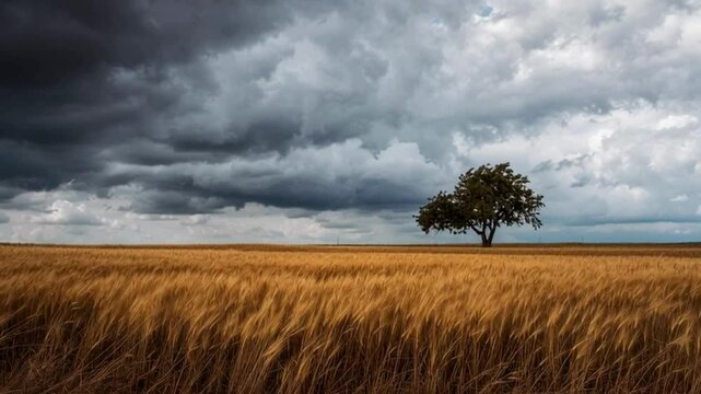 
a stormy sky over a golden wheat field with a single tree in the middle, wide landscape shot, dark clouds rolling in, intense contrast and drama in lighting, fine art photo style, time lapse video
