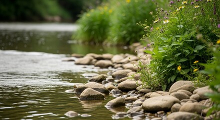 Serene River Stones on a Lush Green Bank