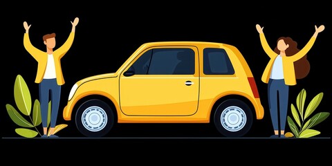 Happy Couple Celebrating New Car Purchase in Bright Yellow Vehicle