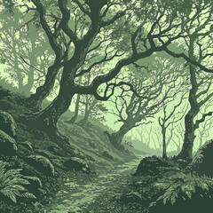 Mystical Forest Path Vector   Dense Green Woodland Landscape Illustration © jubayer71