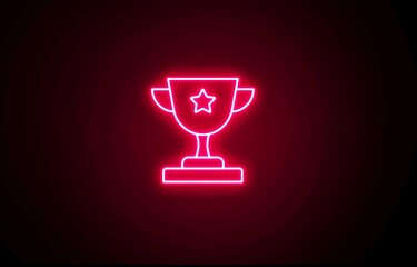 Neon Pink color trophy cup icon. Neon gold trophy cup sign on black background. Bright Trophy line icon. A Neon golden trophy cup icon illustration on black background.
