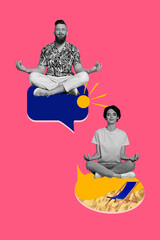Trendy art creative vertical photo collage of happy girl guy sit bubble communication do yoga...