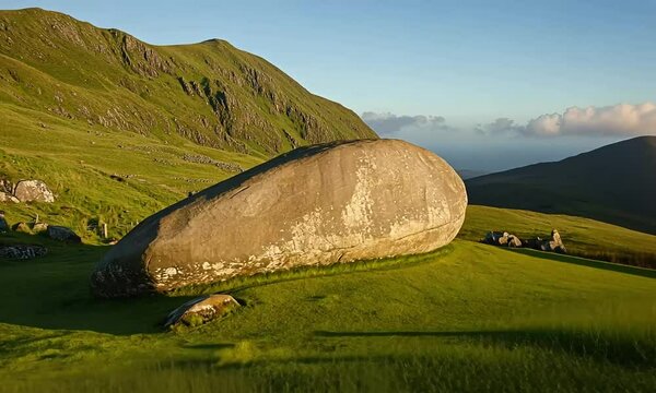 Large, oblong boulder nestled in a grassy valley between hills