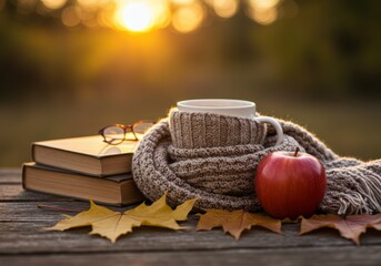 An inviting autumn scene with a cozy mug, books, and a red apple, enjoying the golden sunset.