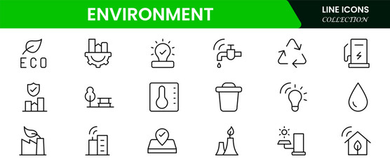 Eco-friendly vector web line icons depicting environment, sustainability, recycling, green energy, and nature conservation for a healthier planet.