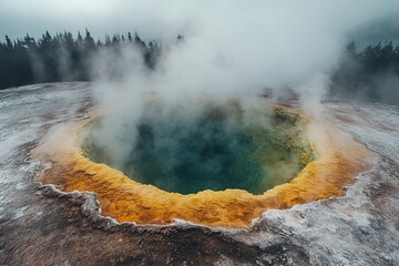 Green Waiotapu Thermal Wonderland, a green lava lake in New Zealand with white-hot steam