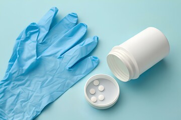 Clean blue gloves and open white pill bottle holding four tablets arranged on soft blue surface, reflecting refined clinical hygiene
